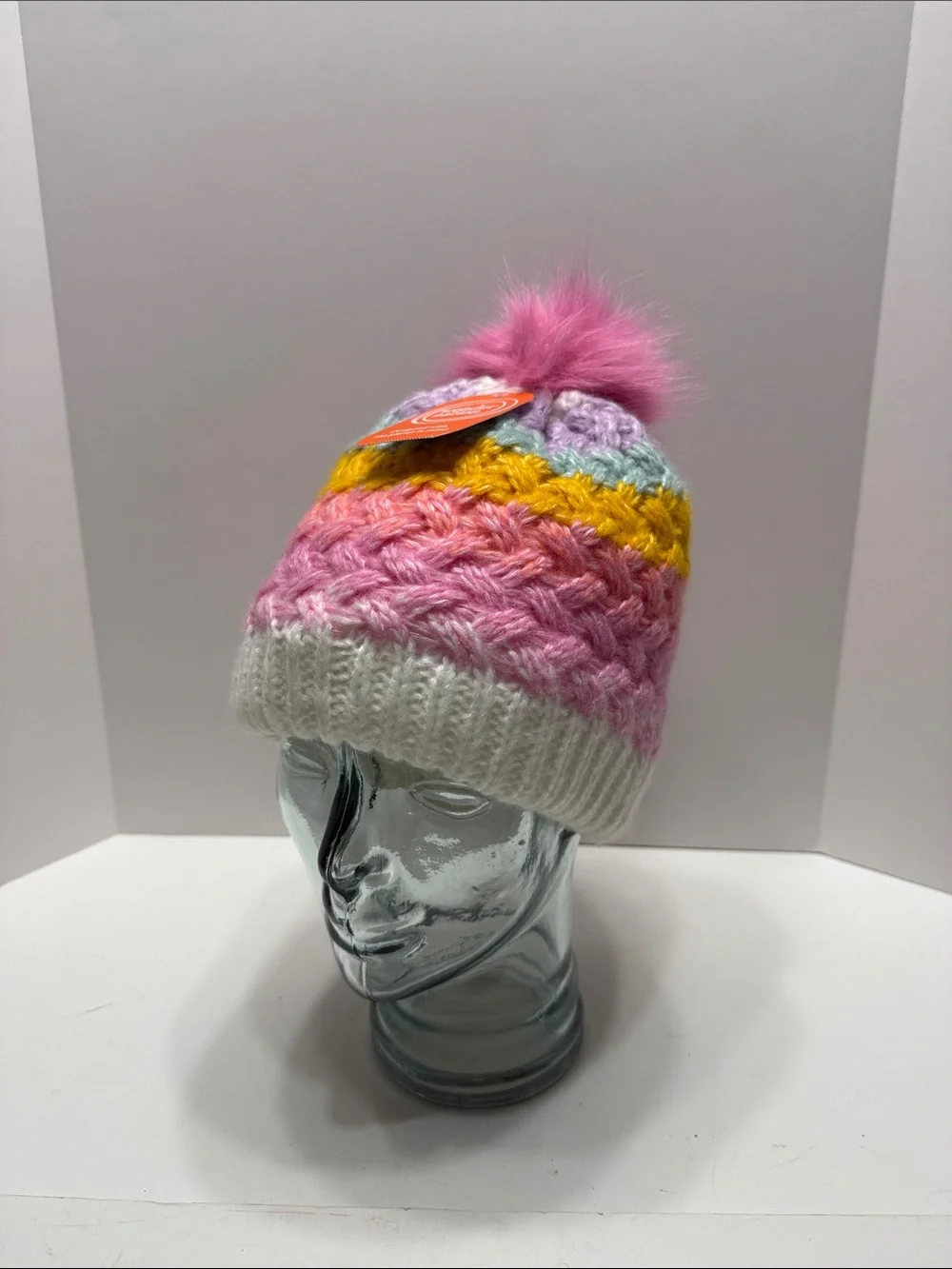 wonder nation Pink Multicolor Knit Pom Beanie with Faux Fur Pom